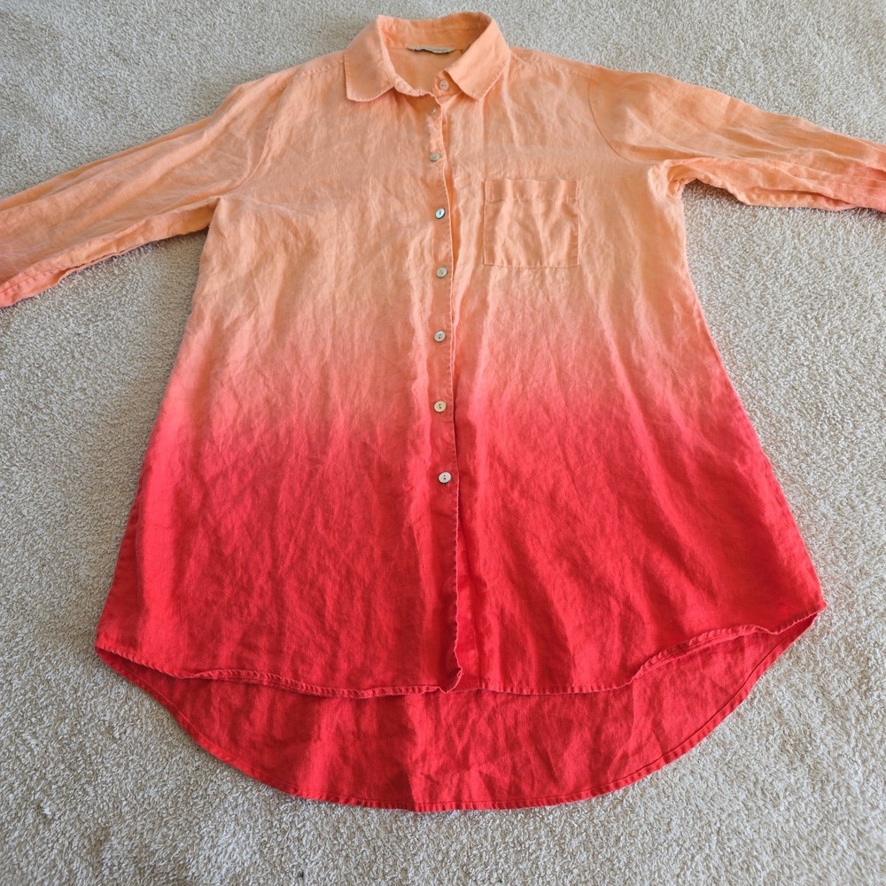 Soft Surroundings 100% Linen Ombre Top Shirt Long Sleeve High Low Hem L Peach - Picture 8 of 12